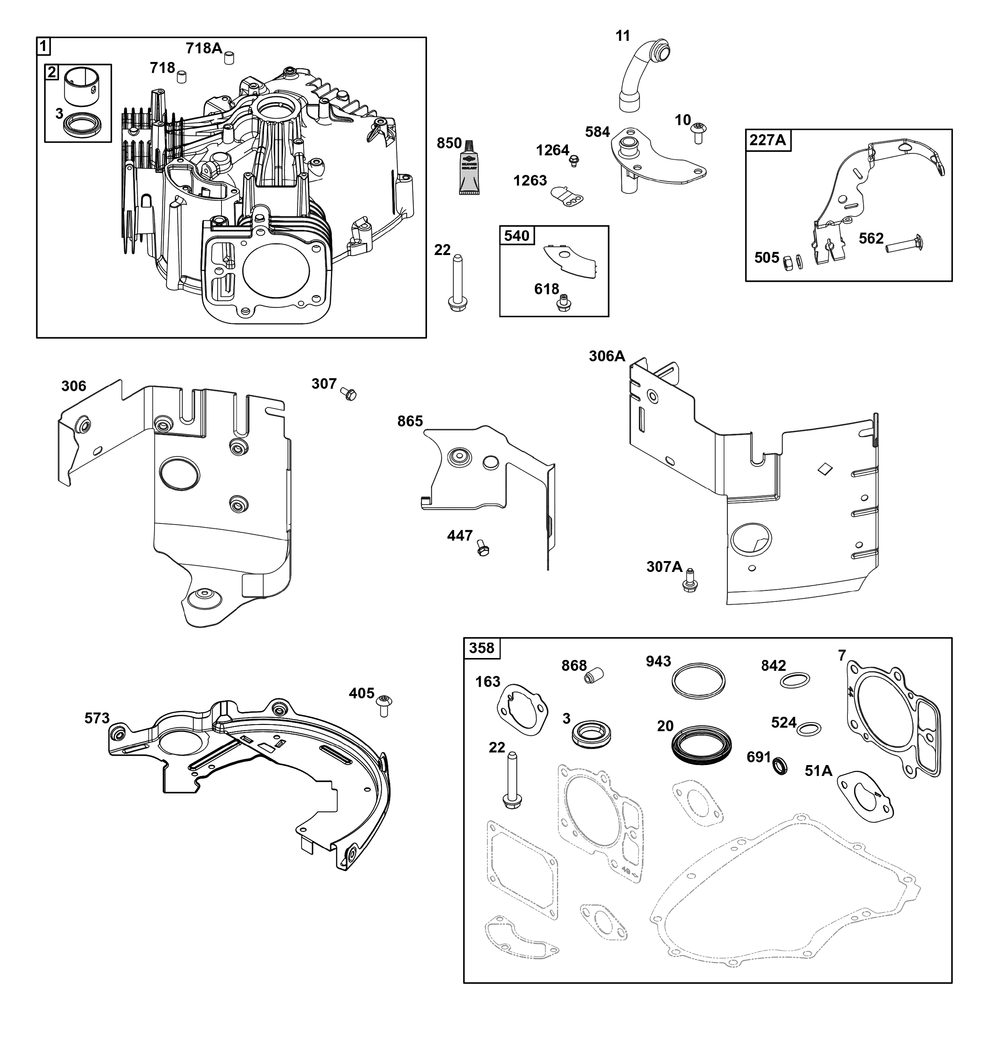 Cylinder Group Diagram and Parts List for 40U777-0010-G1 400000 - 699999 Briggs and Stratton Engine